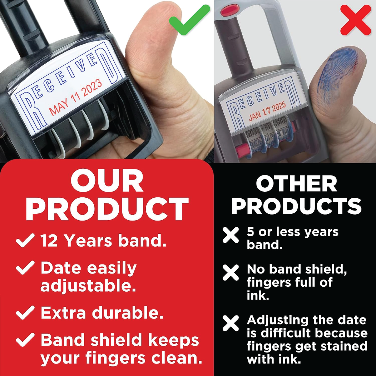 Self-Inking Rubber Date Stamp — Blue and Red Ink, 12-Year Band