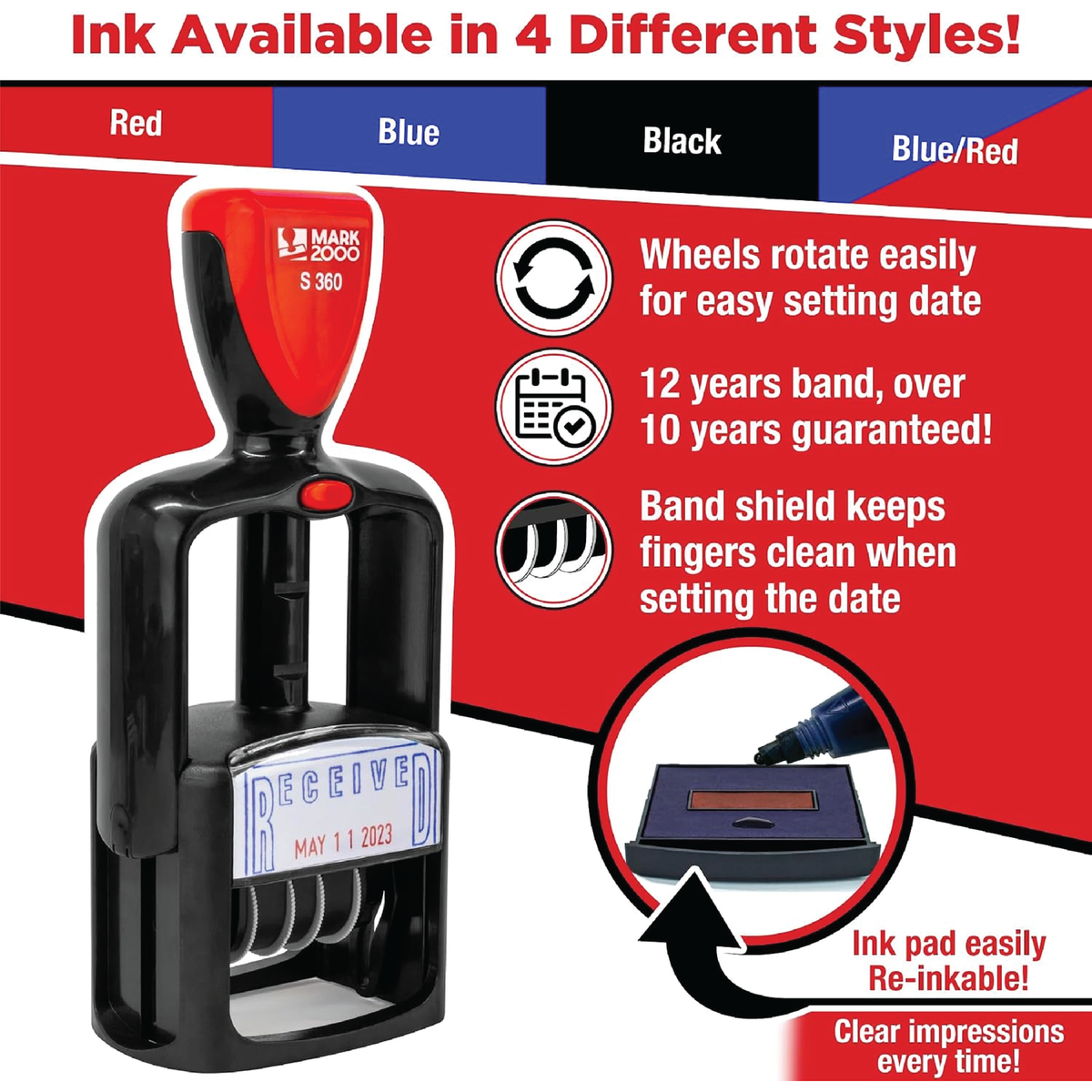 Self-Inking Rubber Date Stamp — Blue and Red Ink, 12-Year Band